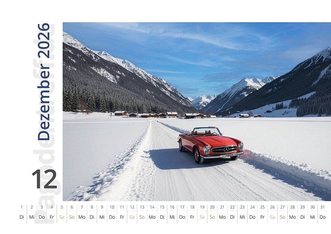 Dezember des Wandkalenders 2026: Rote Pagode in einer verschneiten Berglandschaft.